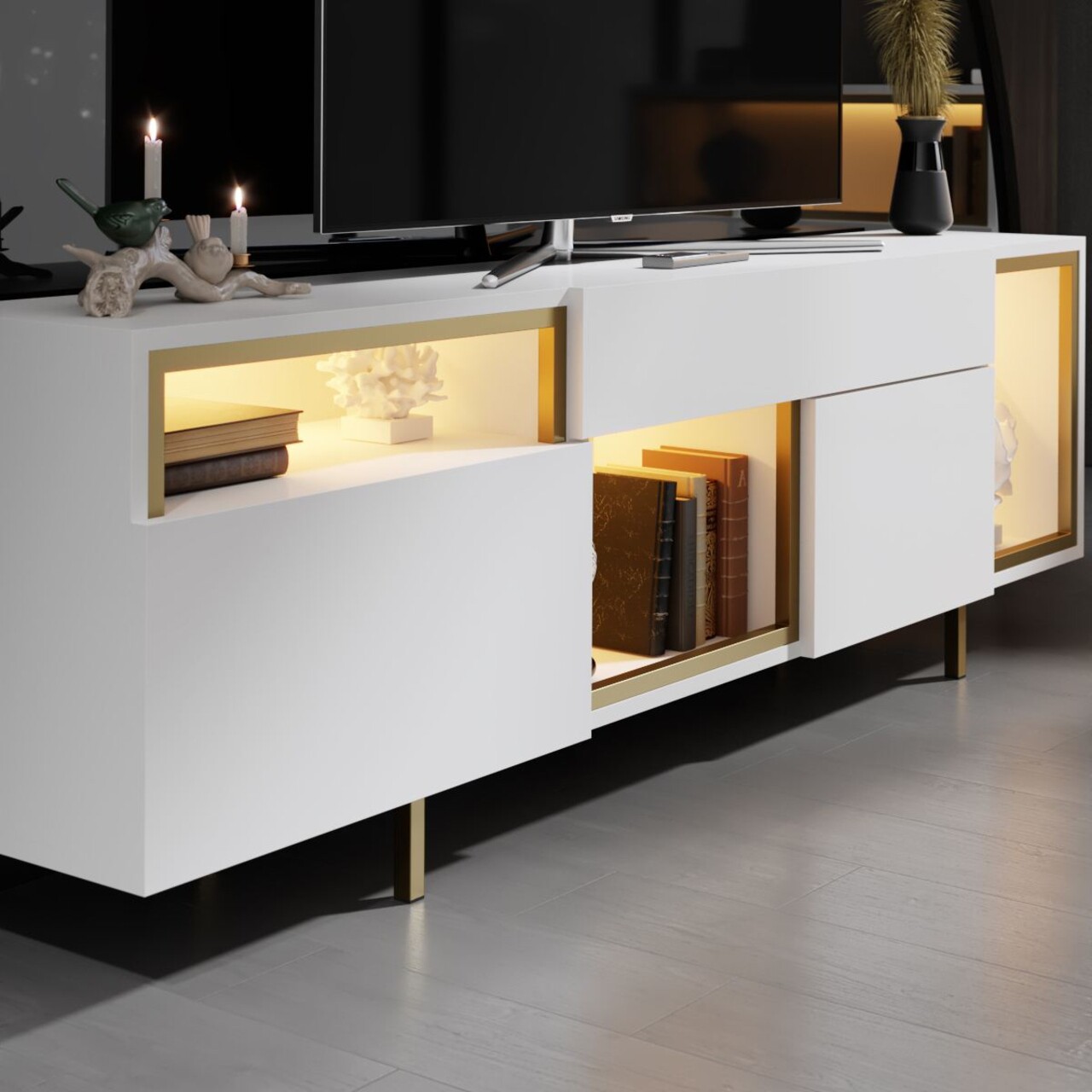 Comoda TV, Hanah Home, Norm, 180x55x32 cm, Alb/Auriu - view 4