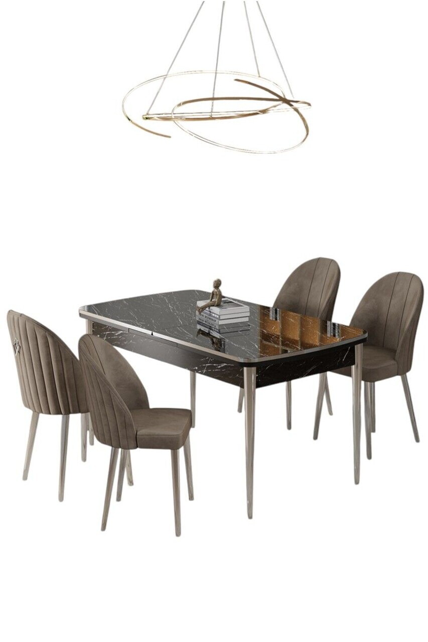 Set masa extensibila si scaune (5 piese), Hanah Home, Rada, Model de marmură neagră / Crom / Cappuccino — imaginea 2