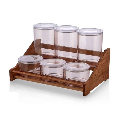 Set recipiente pentru condimente cu suport, Plasberg, 619PLS1123, Plastic, Maro/Transparent