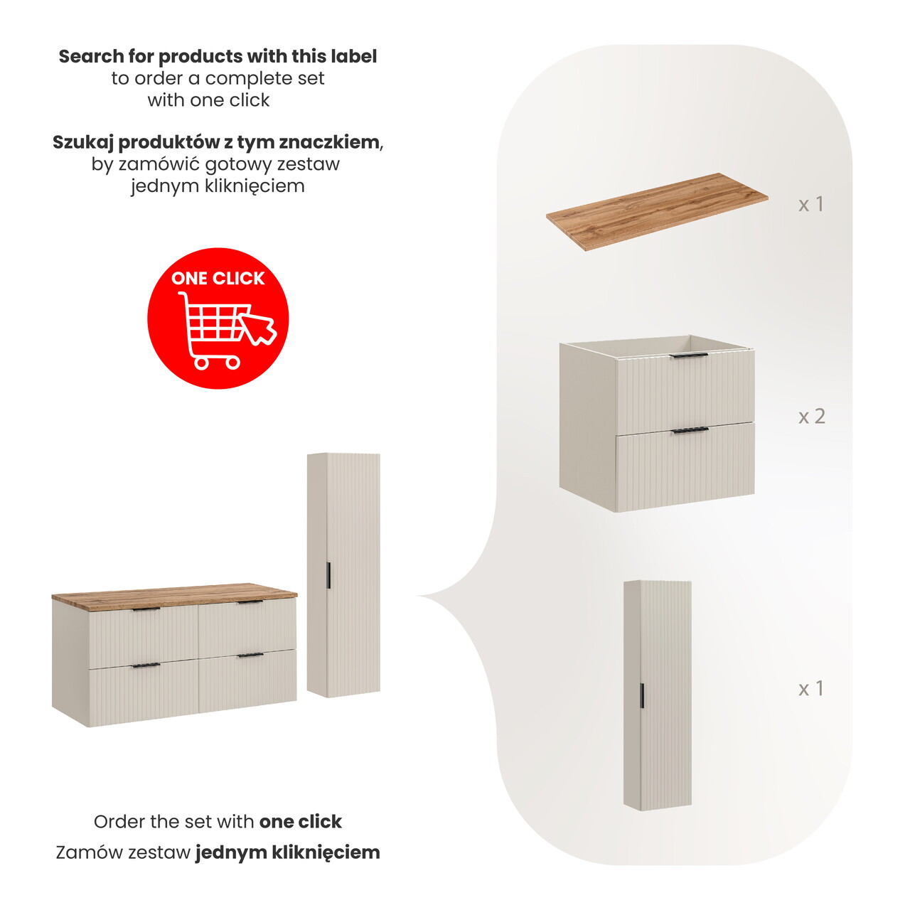 Set mobilier baie Adel Cashmere Wotan 120 cm, dulap inalt si masca dubla lavoar, Comad, MDF/PAL, casmir