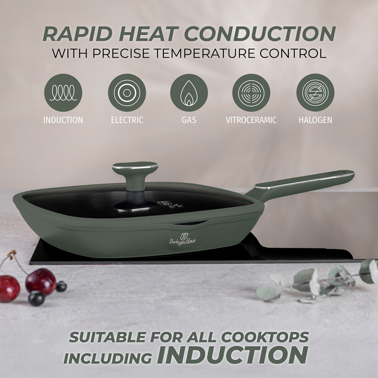 Tigaie grill cu capac Berlinger Haus, Matte Green, 28 cm, 2.1 L, aluminiu forjat, verde mat - imagine 6