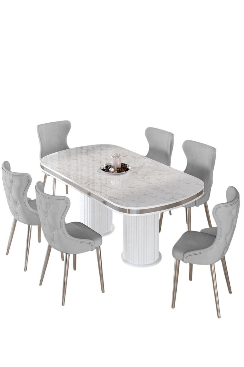 Set masa si scaune (7 piese), Hanah Home, Galya, Model de marmură albă / Crom / Gri — imaginea 2