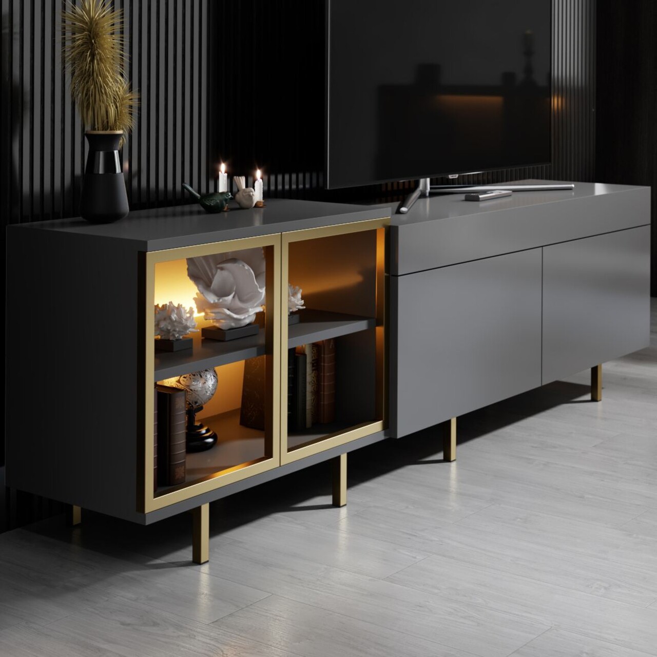 Comoda TV, Hanah Home, Vienna, 190x57x37 cm, Antracit / Aur - view 4