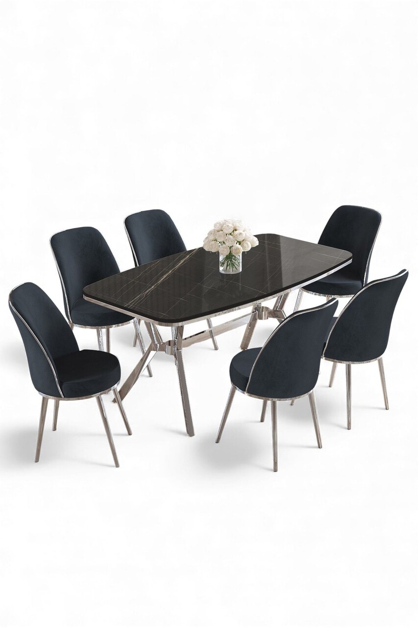 Set masa si scaune (7 Pieces), Hanah Home, Cu tine, Marmură neagră / Crom / Antracit - view 2