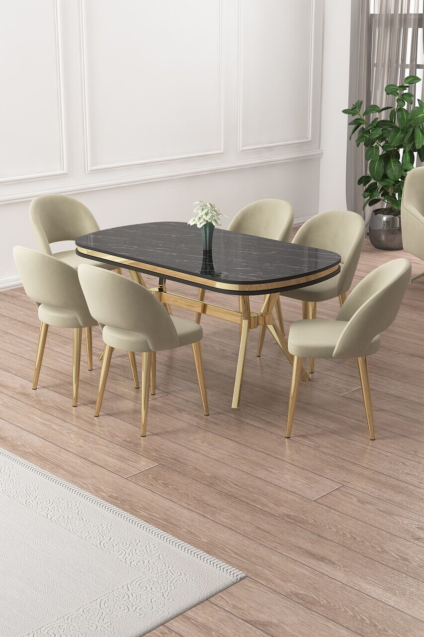 Set masa si scaune (7 piese), Hanah Home, Jita, Sonată / Aur / Cremă