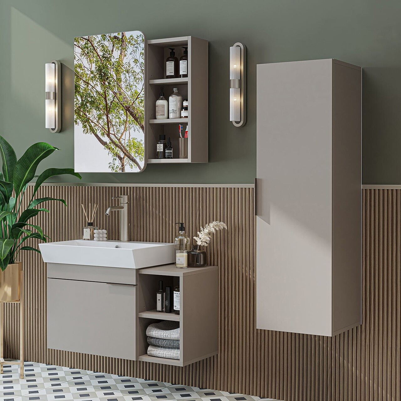 Set Dulap de Baie cu Chiuvetă și Oglindă (3 Piese), Hanah Home, 2942, PAL MELAMINAT, Gresie