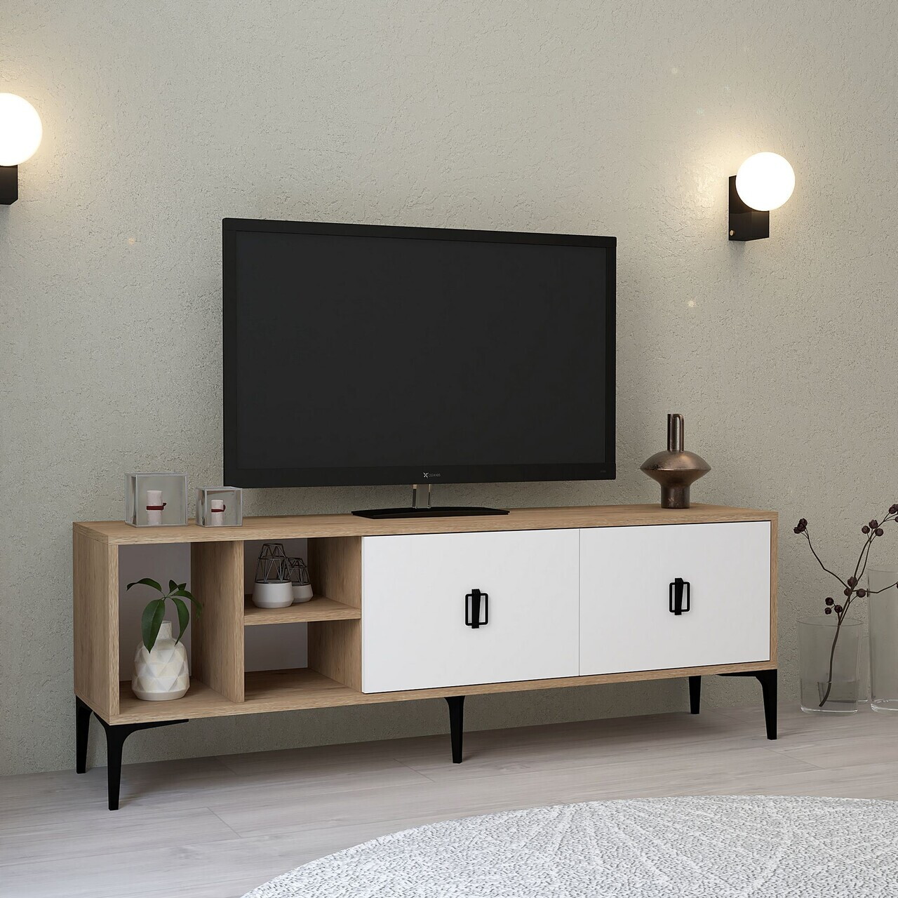 Comoda TV, Hanah Home, Era 3504, 150x50x35 cm, PAL, Stejar Safir / Alb — imaginea 4