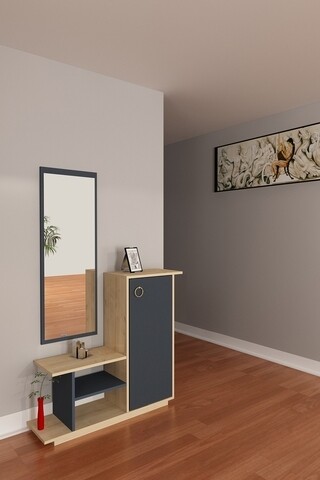 Set pantofar cu polite si oglinda asia, ametti, 80 x 90 cm/25 x 55 cm, oak/antracit