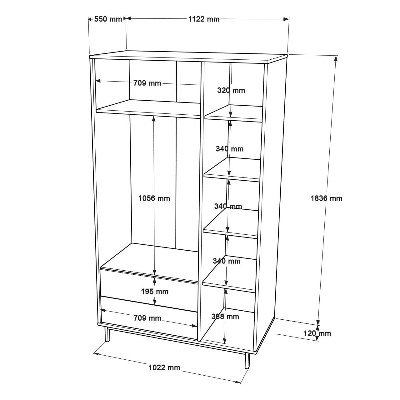Dulap pentru haine, Locelso, On15-Su, 112.2x195.6x55 cm, PAL, Nuc / Stejar