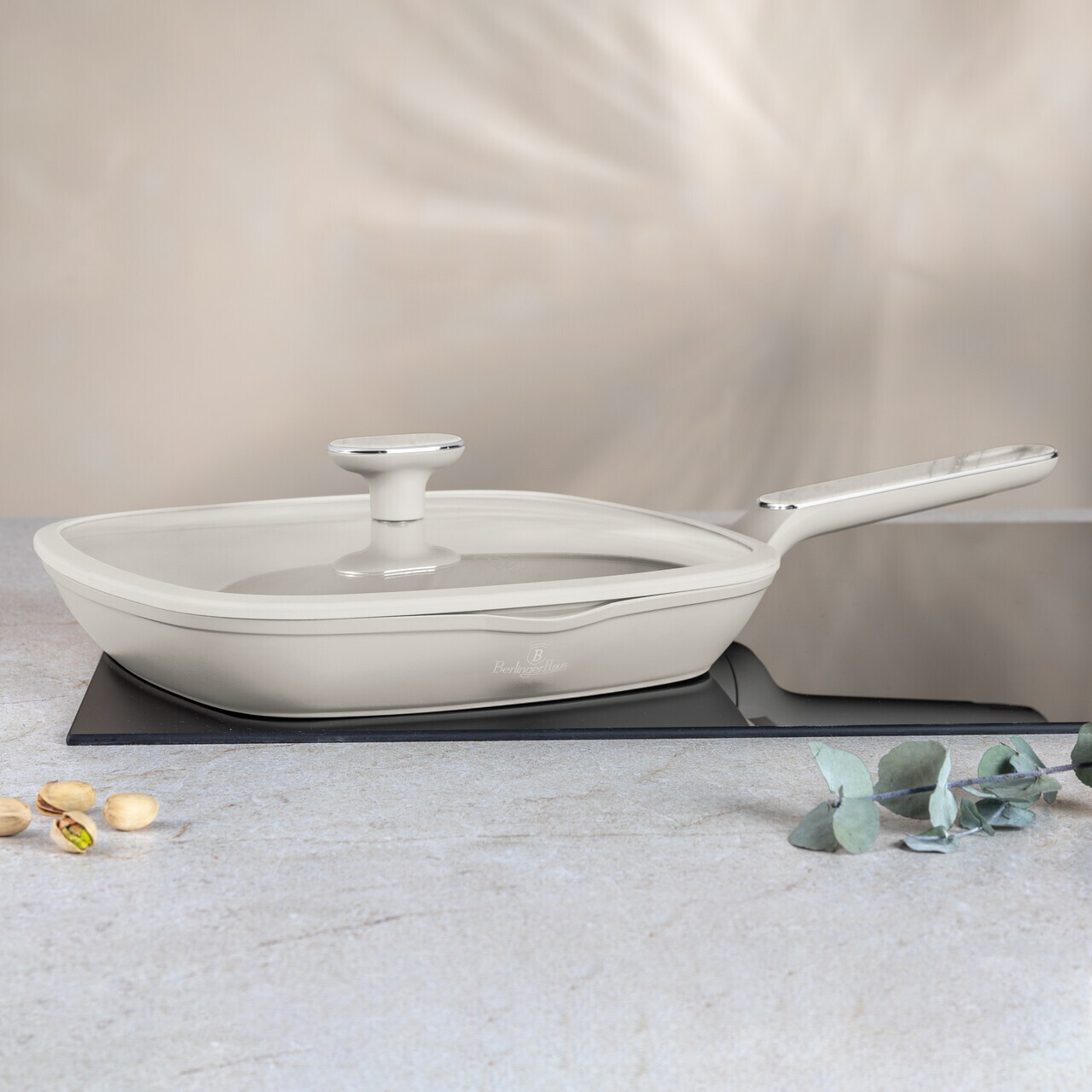 Tigaie grill cu capac Berlinger Haus, Sahara Marble, 28 cm, 2.1 L, aluminiu forjat, crem mat/marmura - imagine 2