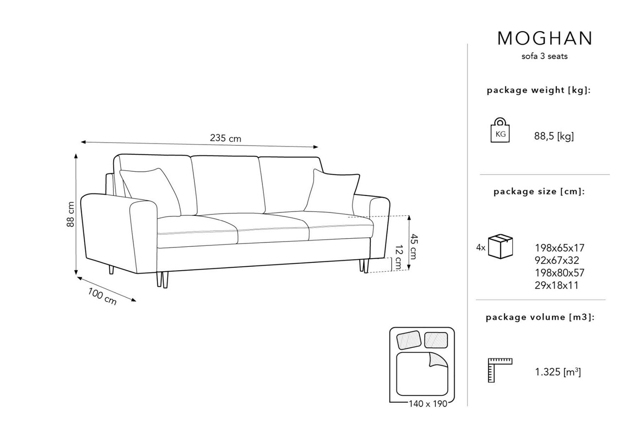 Canapea extensibila 3 locuri, Moghan, Micadoni Home, GL, 235x100x88 cm, catifea, albastru deschis