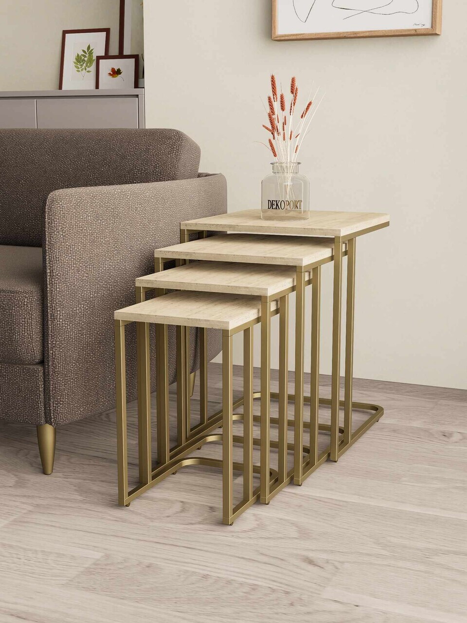 Set masute Nesting 4 piese, Hanah Home, Tekerli, Aur / Travertin — imaginea 2