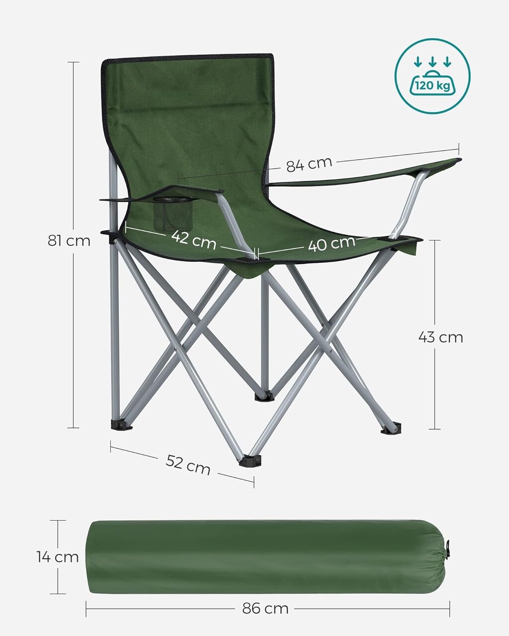 Set 2 scaune pliabile pentru camping, Songmics, 84x52x81 cm, max 120 kg, tesatura Oxford 600D/otel, verde - view 12