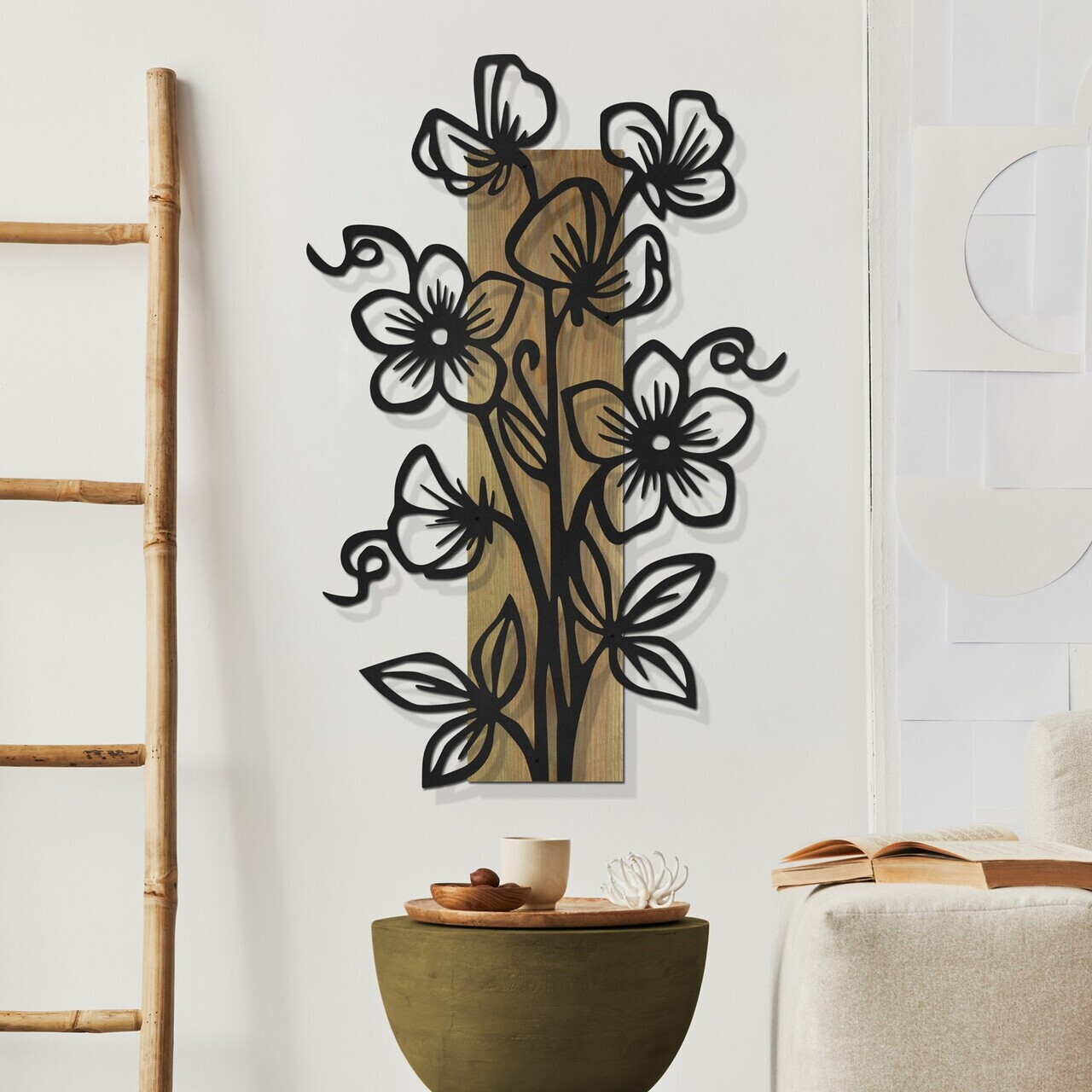 Decoratiune de perete, Fleuria, Cadru: Lemn (Grosime: 2 cm), Verde/Negru — imaginea 2