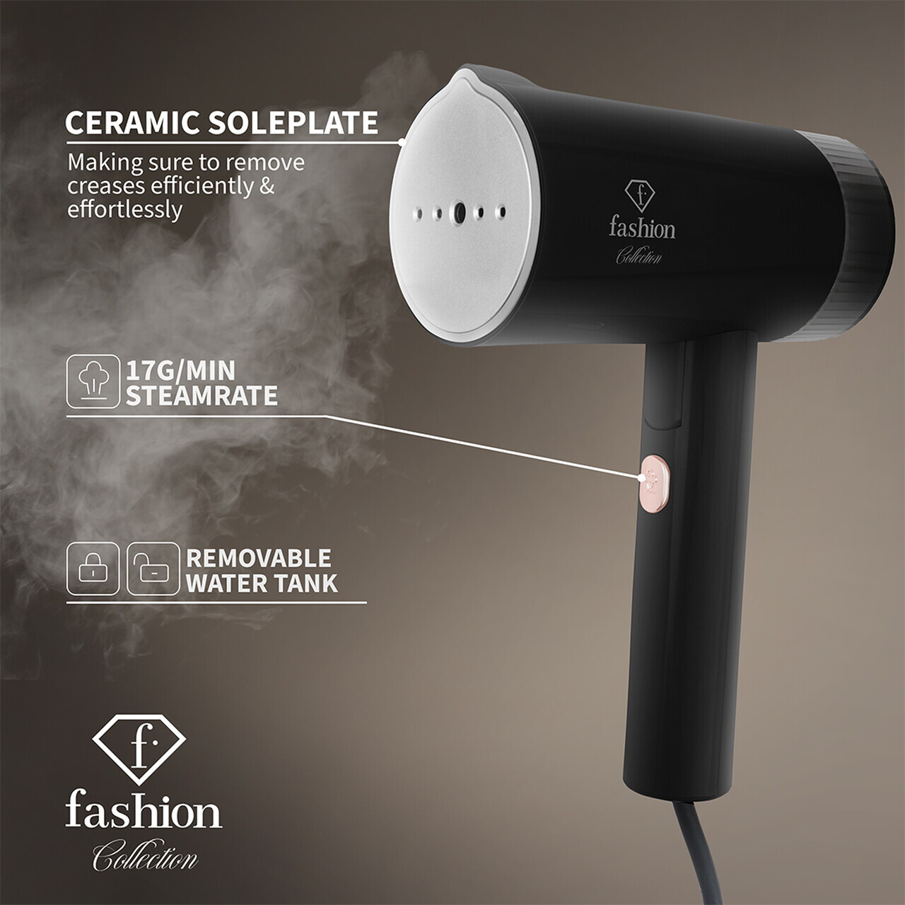 Aparat de calcat cu aburi portabil, pliabil Fashion TV, Matte Black-Rose Gold, 1000W, 100 ml, invelis ceramic, negru - imagine 4
