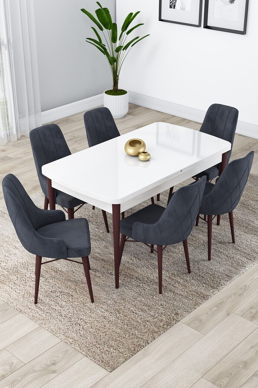 Set masa extensibila si scaune (7 piese), Hanah Home, Lia, Alb / Nuc / Antracit