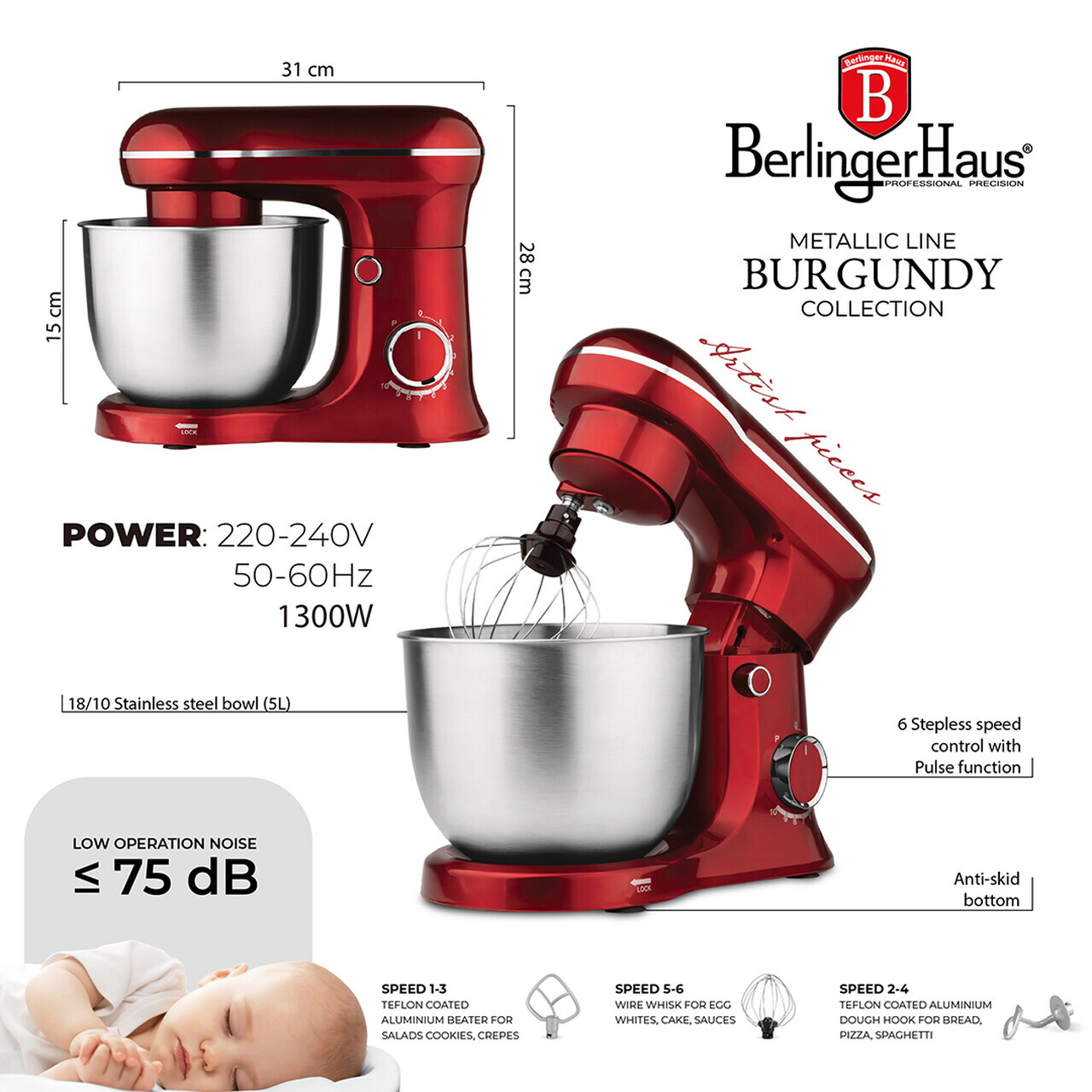 Robot de bucatarie Berlinger Haus, Burgundy, 1500W, inox/plastic, rosu/argintiu - imagine 8