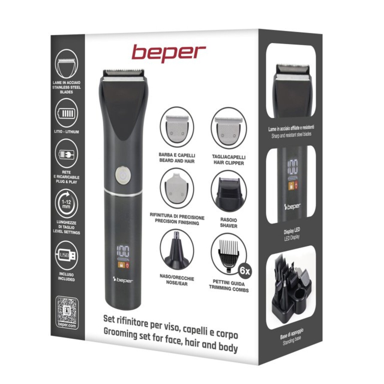 Set de ingrijire pentru barbati 12 in 1 Beper, 4x4x16.5 cm, ABS/otel, negru