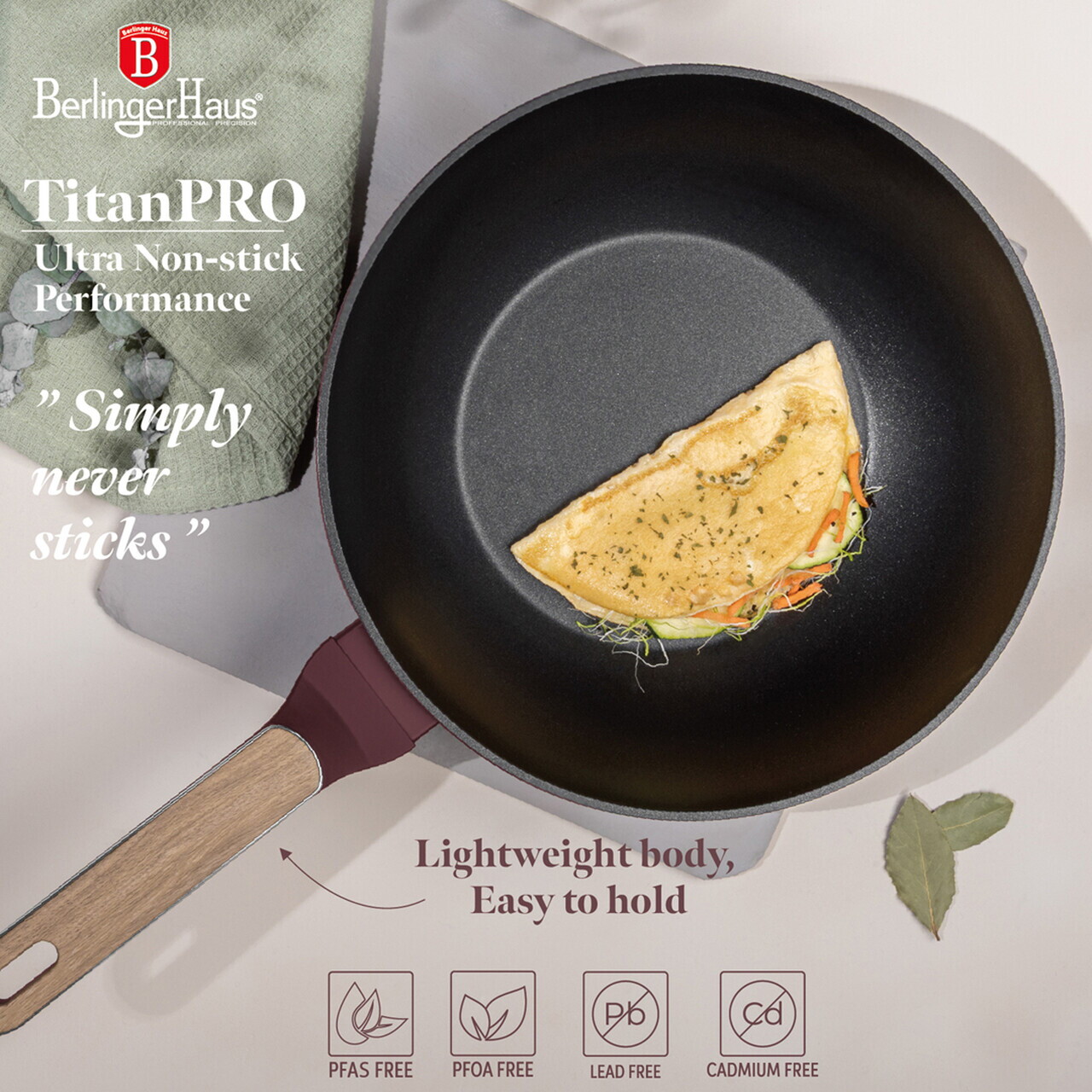 Tigaie Wok Berlinger Haus, Leonardo Nordic, 28 cm, 3.5 L, aluminiu forjat, visiniu mat - imagine 14
