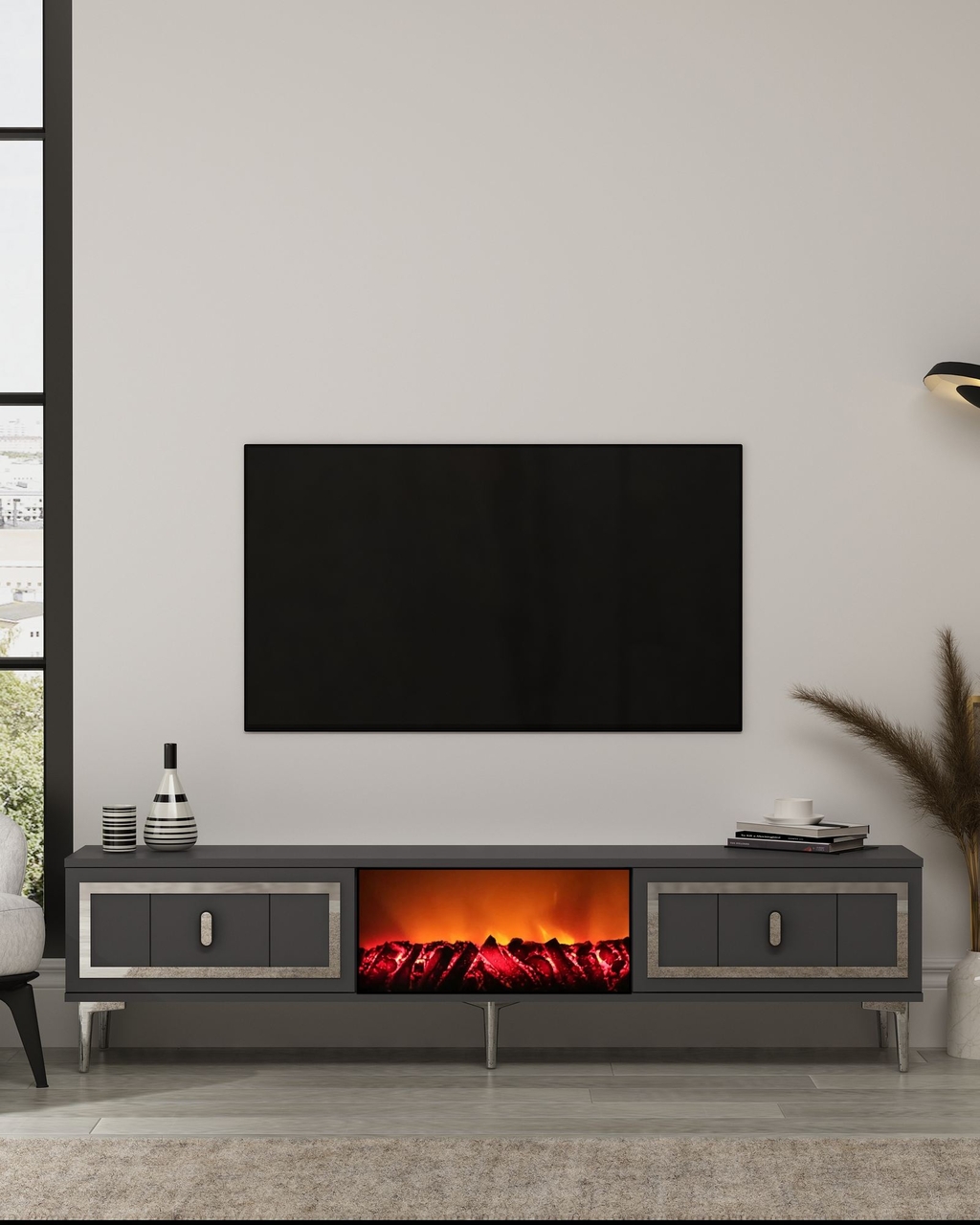 Comoda TV, Hanah Home, Orion Fireplace, 150x44.6x29.6 cm, PAL , Antracit / Argintiu