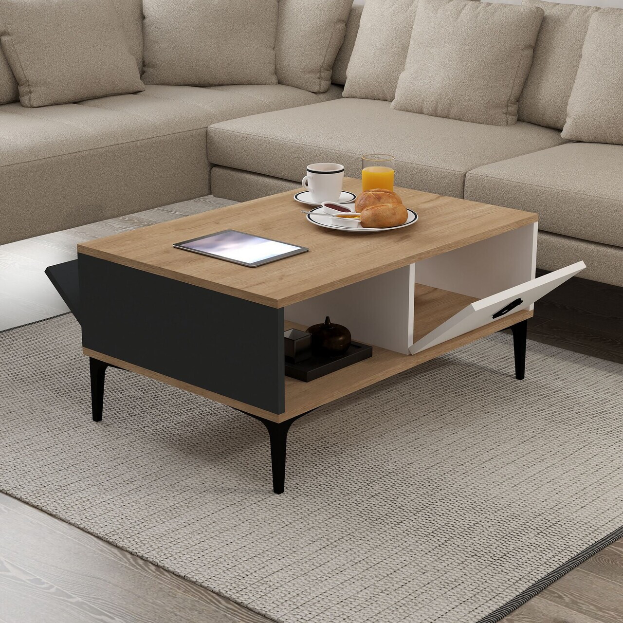 Masuta de cafea, Hanah Home, Sare 2001, 90x41.5x60 cm, PAL, Stejar Safir / Alb / Antracit — imaginea 4