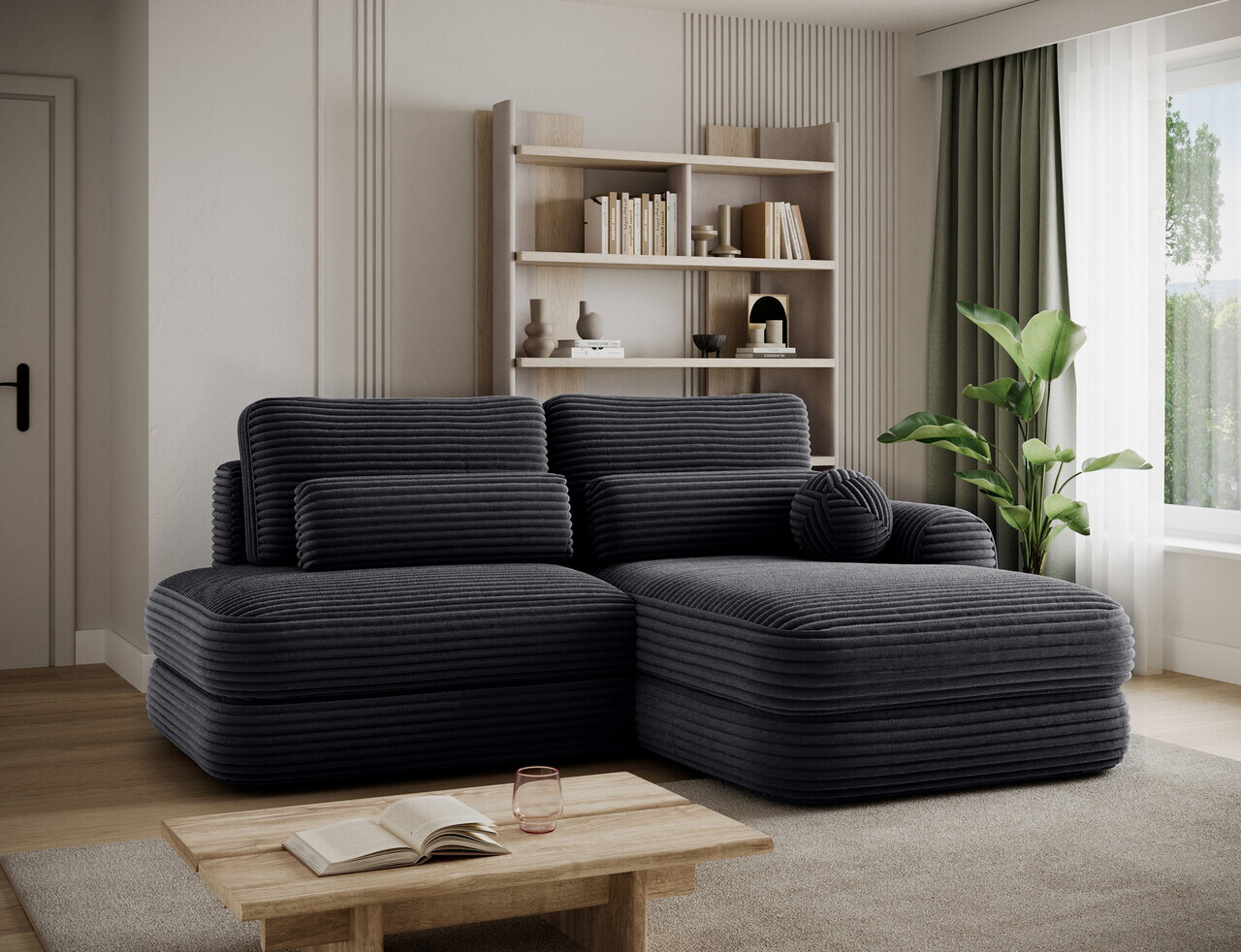 Coltar extensibil dreapta 3 locuri ELTAP, Ripeli, 217x175x96 cm, lemn/catifea din poliester, negru — imaginea 2