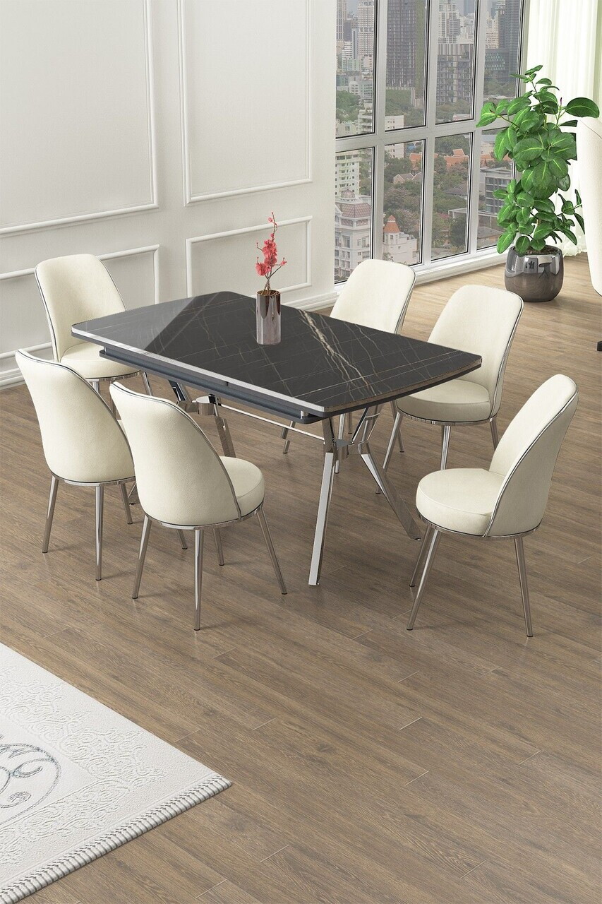 Set masa extensibila si scaune (7 piese), Hanah Home, Poy, Sonata / Crom / Cremă