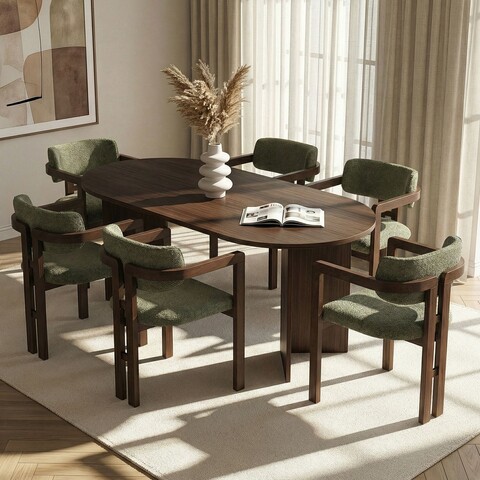 Set masă și scaune (7 piese), Hanah Home, Meridia 6, Nuc Milano / Nuc Închis / Verde