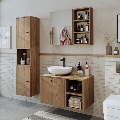Set Dulap de Baie cu Chiuvetă și Oglindă (3 Piese), Hanah Home, 2485, MDF, Maro