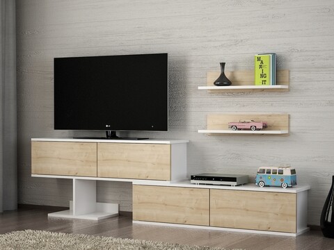 Comoda tv cu 2 rafturi maximusa, furny home, 210x29.5x59 cm, alb/bej