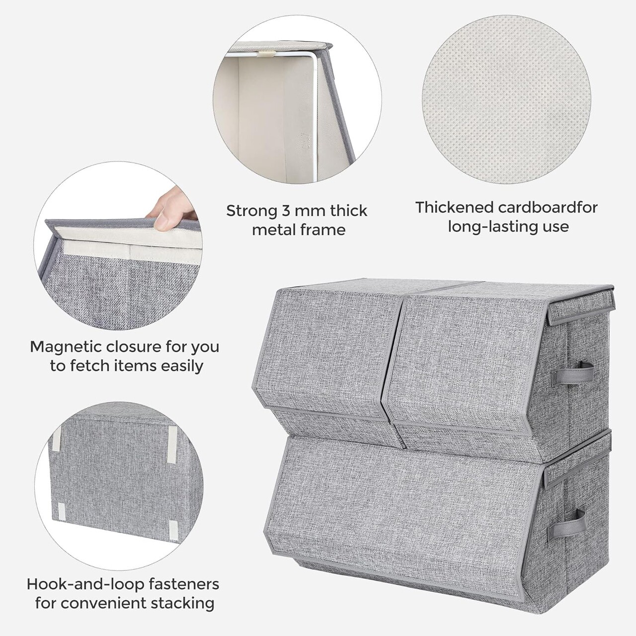Set 3 cutii depozitare Songmics, 25x35x25 cm/50x35x25 cm, textil cu aspect de in/fier, stivuibile, max 10 kg,  gri - view 8