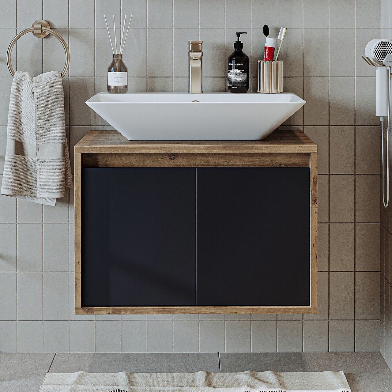 Dulap de baie cu chiuvetă, Hanah Home, 1707, 65x58x45 cm, MDF-LAM, Pin Atlantic / Antracit — imaginea 2