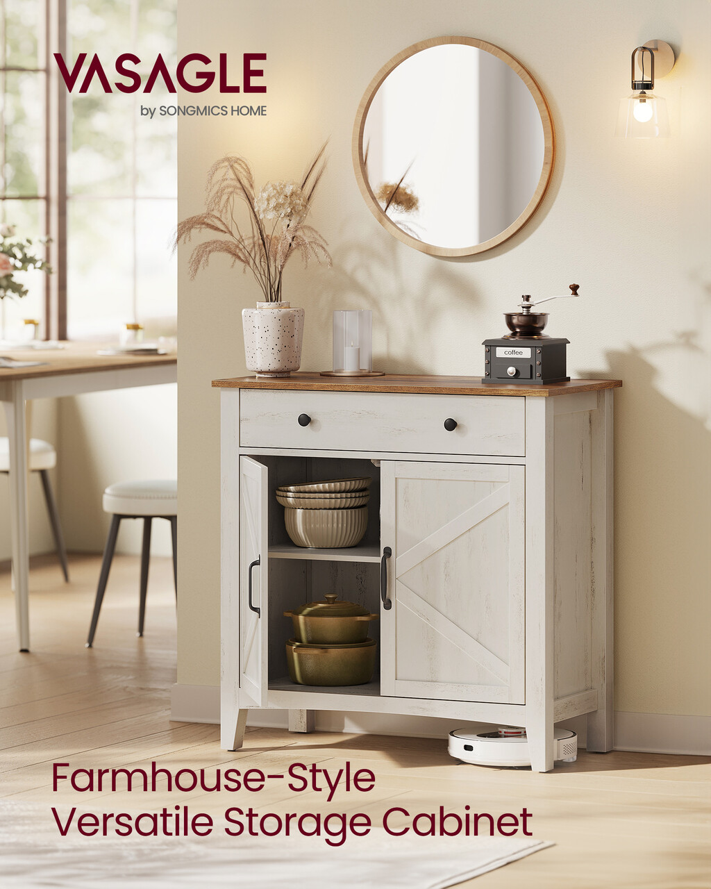 Bufet cu 2 usi si 1 sertar, Vasagle, 80x40x80 cm, MDF/PAL, alb rustic/maro - imagine 5