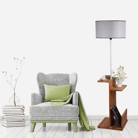 Lampadar cu rafturi, luin, 8275-5, e27, 60 w, metal/lemn/textil