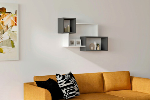 Raft de perete, Puqa Design, Afro, 90.6x51x22cm, 100% PAL melaminat, Alb / Antracit