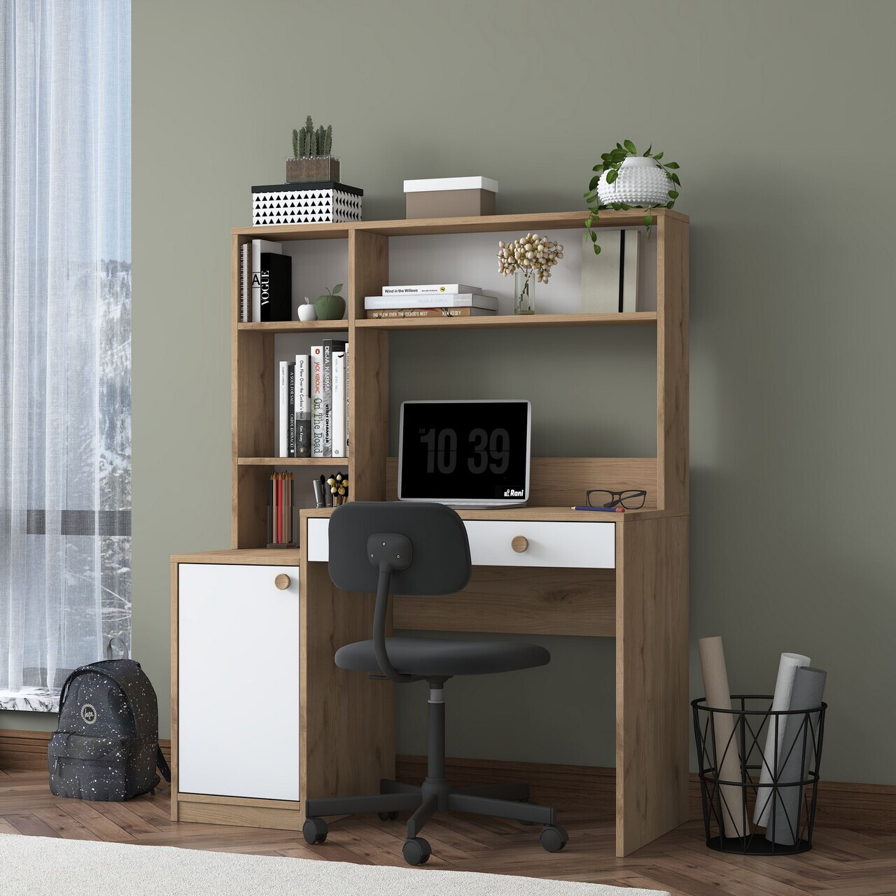 Set birou si biblioteca, Hanah Home, HA126, 115x146x50 cm, PAL melaminat, Nuc/Alb - view 5