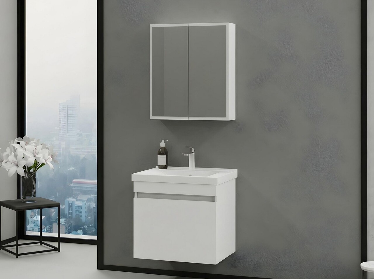 Set mobilier de baie (2 piese), Hanah Home, Bellezza 65, Alb mat - view 2