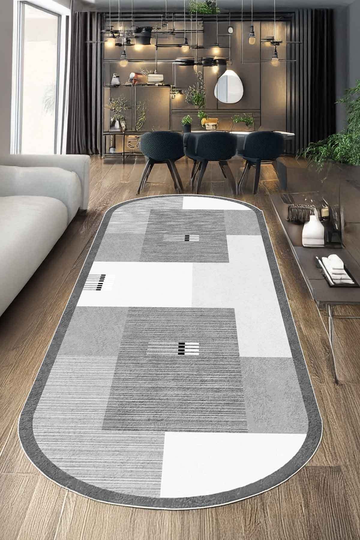 Covor, CLR-7377-HALI-5, 60x300 cm, Poliester, Gri deschis / Gri