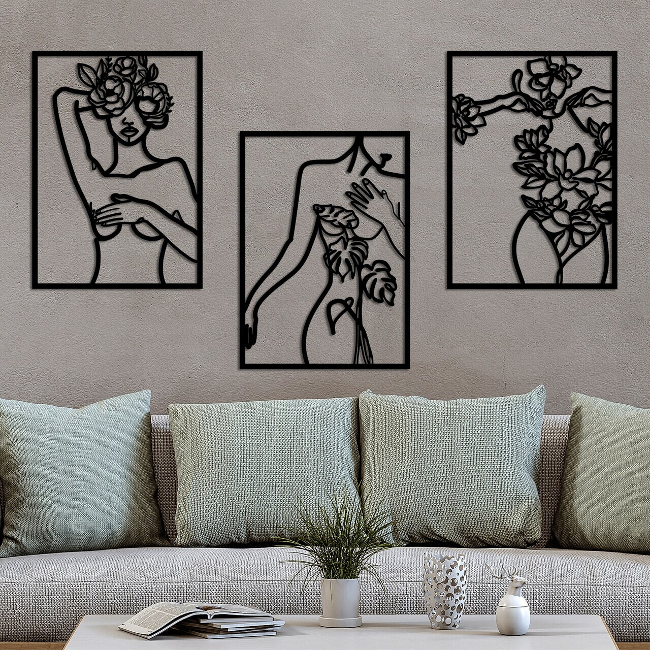 Decoratiune de perete, Metal Nude Women, 50 x 70 cm, 3 piese, Negru