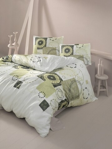 Lenjerie de pat dubla king size, victoria, syla beige, 4 piese, 100% bumbac ranforce, bej/verde