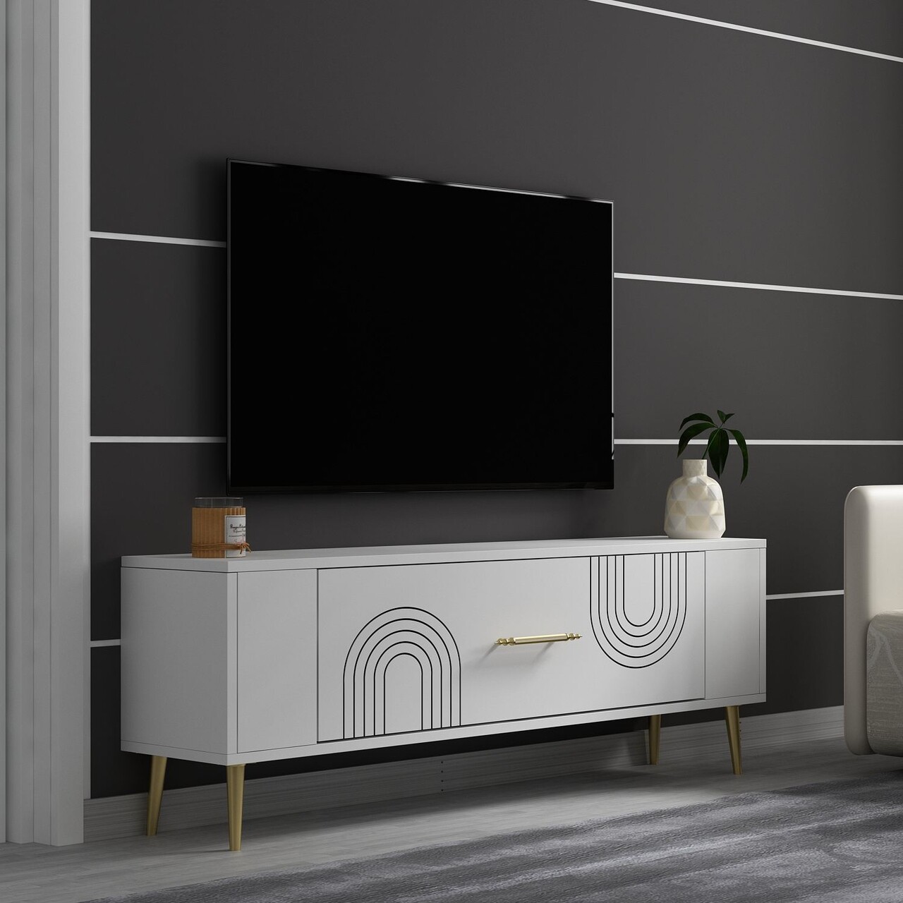 Comoda TV, Olivia, Retrol2, Alb/Auriu - 1 | YEO