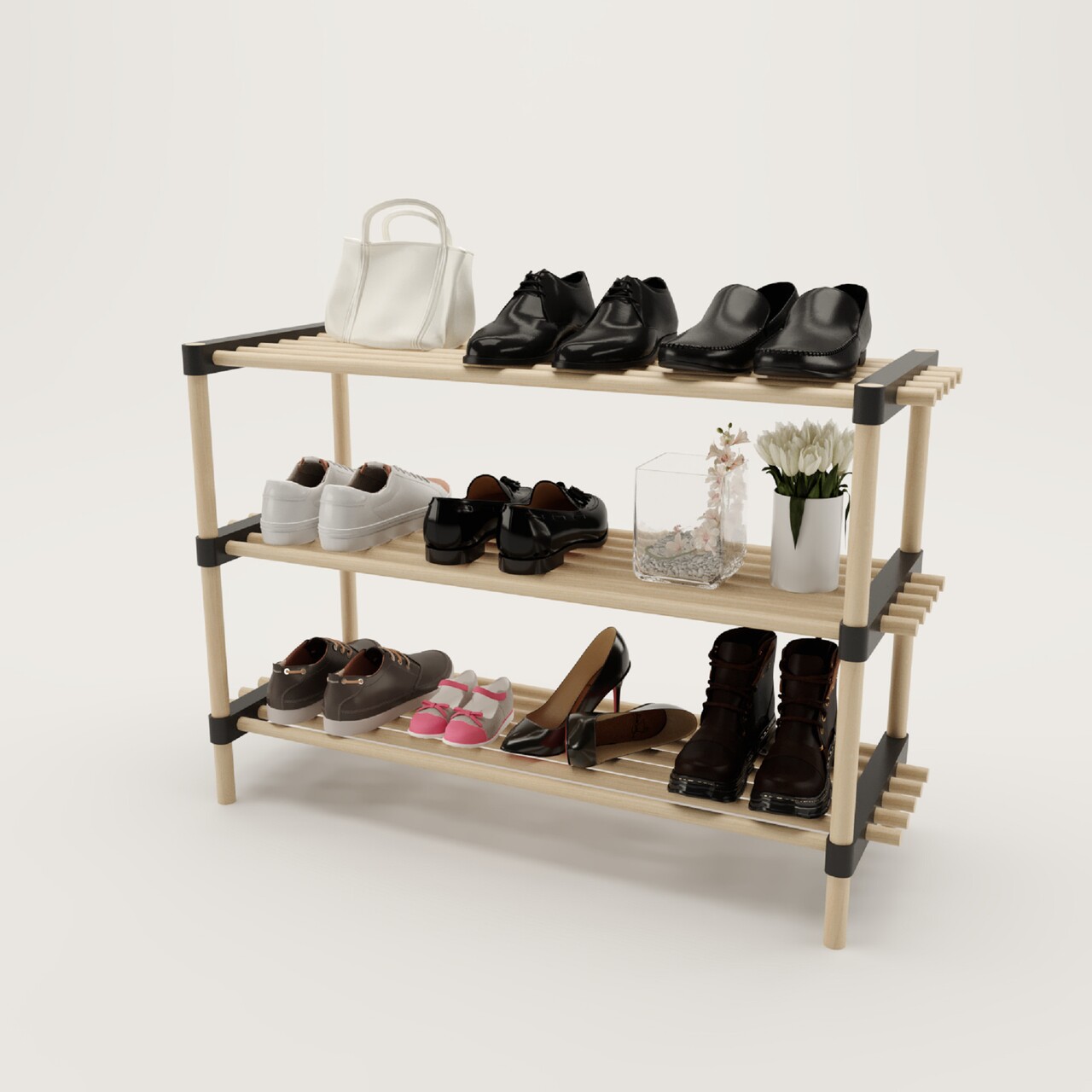 Organizator Multifunctional, Seowood, Cu 3 Rafturi, 50 X 76 X 28 Cm, Lemn Solid, Natur