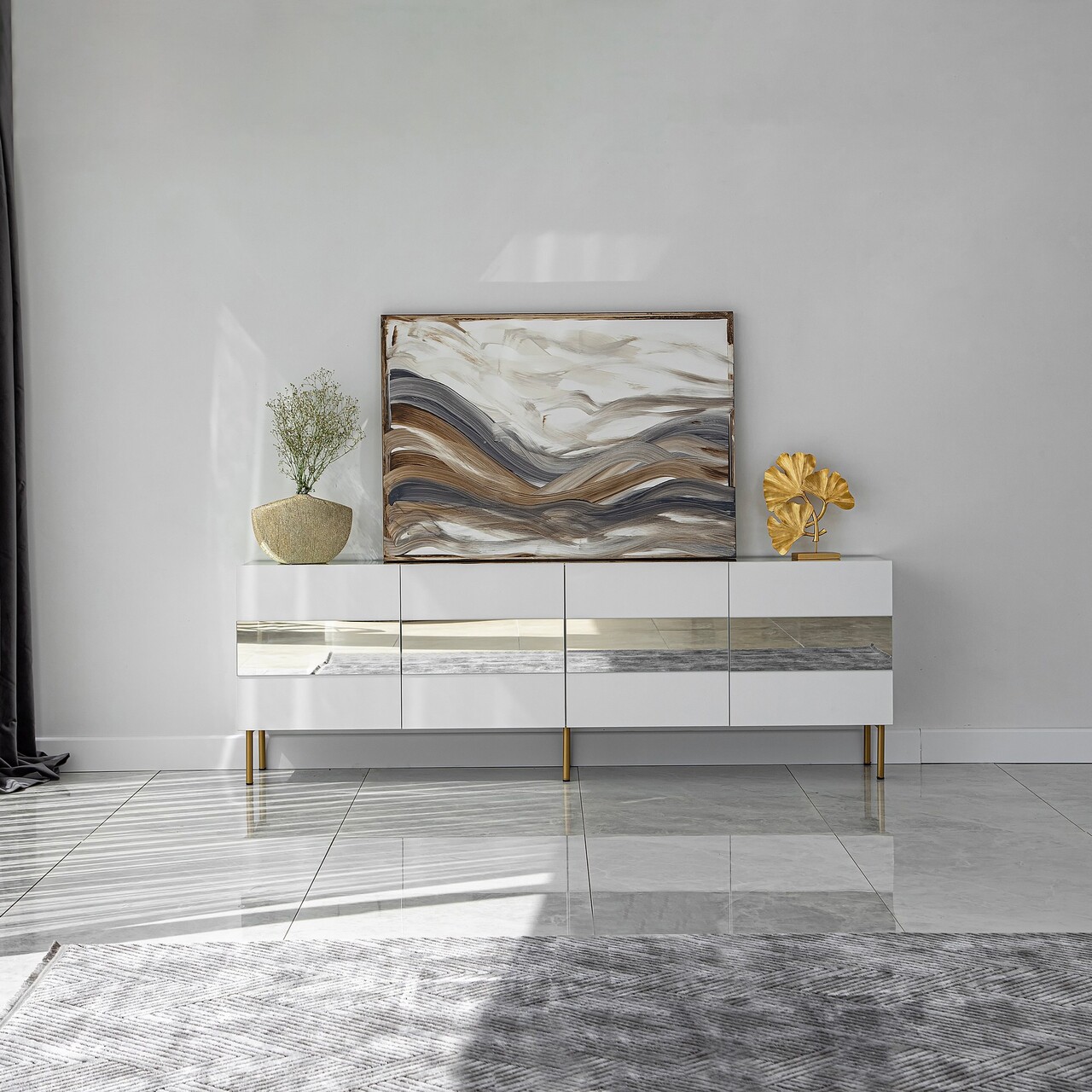 Comoda TV, Neostill, Leon, 180x59x35 cm, PAL, Alb/Auriu - 1 | YEO