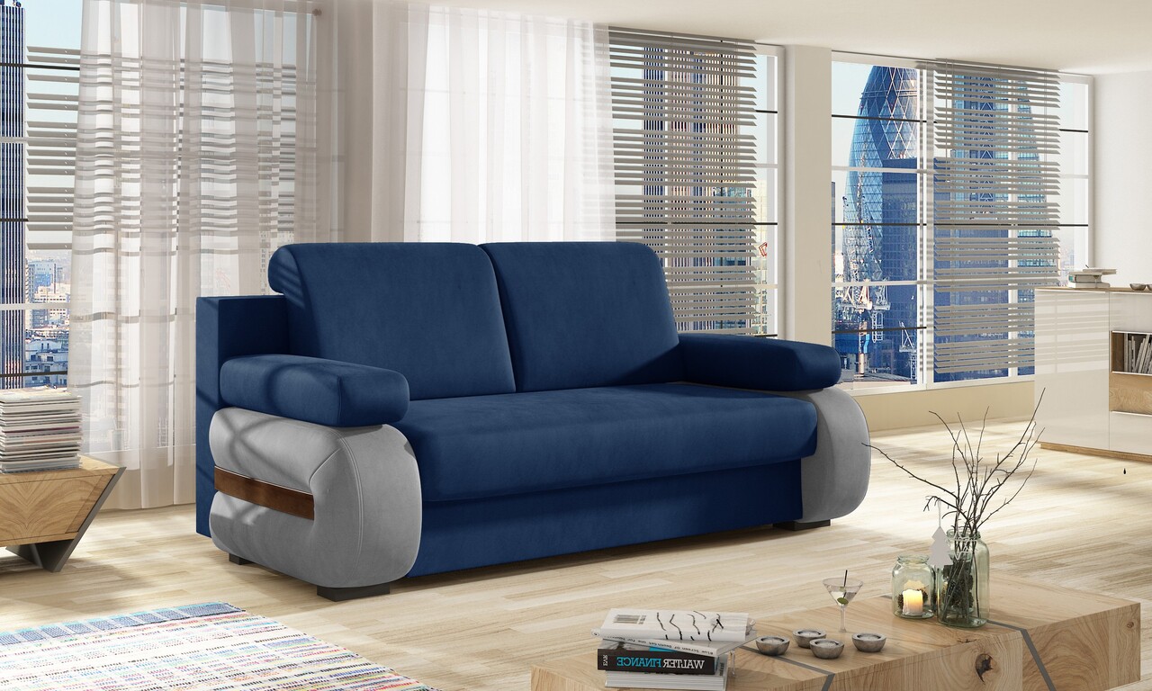 Canapea extensibila 3 locuri ELTAP, Laura, 202x79x84 cm, lemn/poliester, albastru inchis/gri deschis