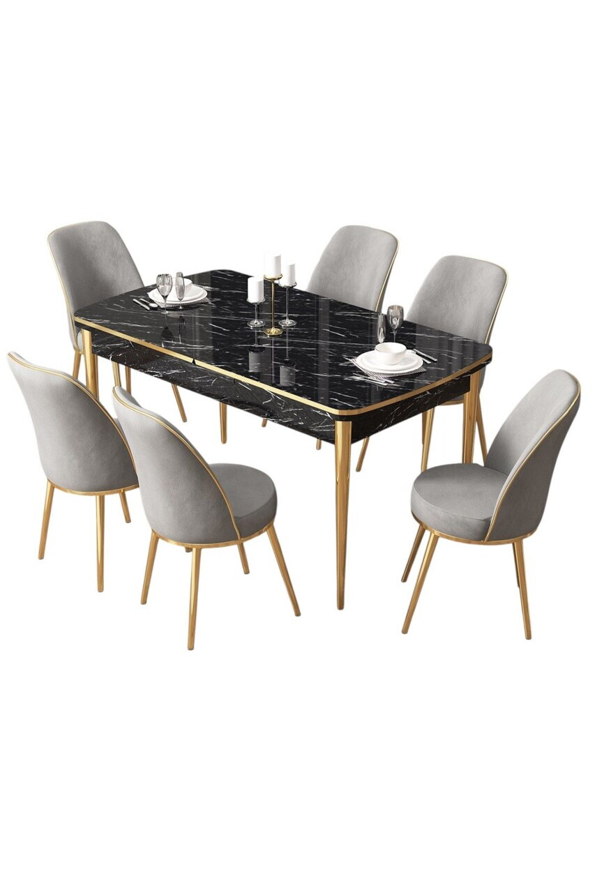 Set masa extensibila si scaune (7 piese), Hanah Home, Pale, Model de marmură neagră / Auriu / Gri — imaginea 2
