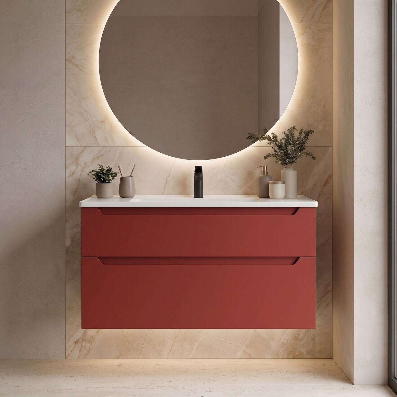Dulap de baie cu chiuvetă, Hanah Home, Messina 100 v2, Roșu Mat