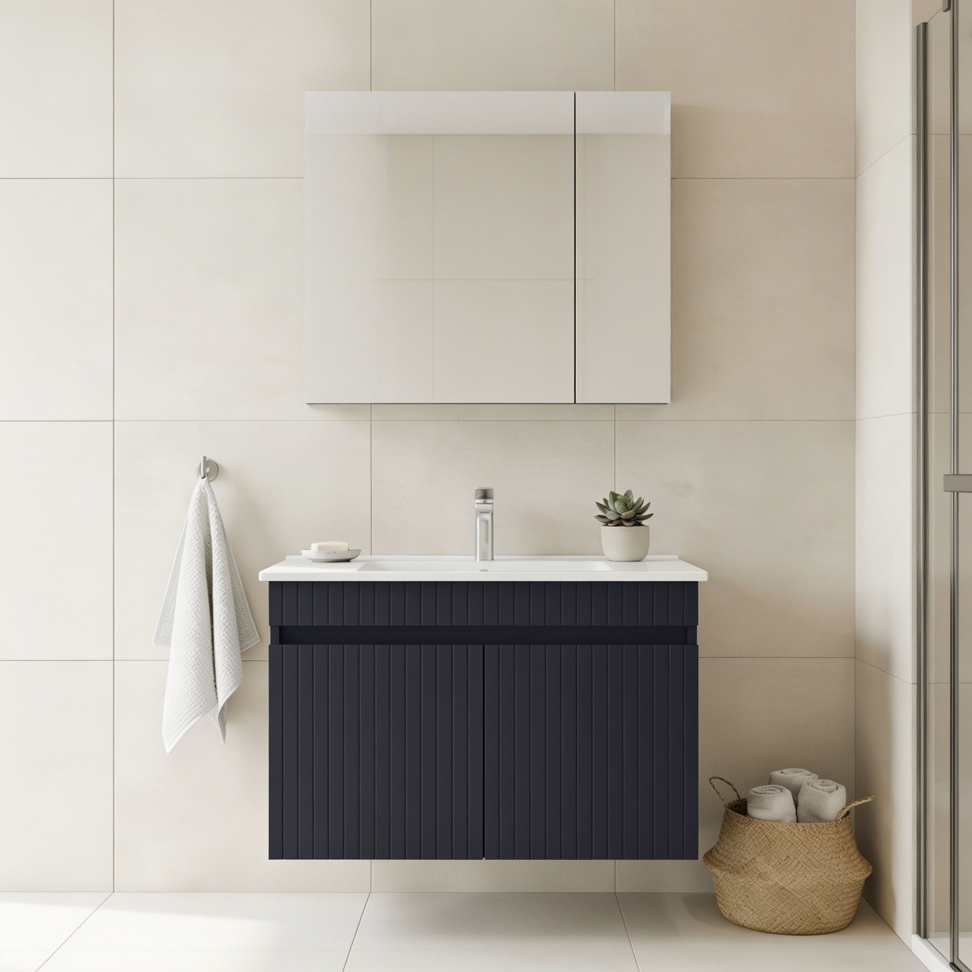 Set Dulap de Baie cu Chiuvetă și Oglindă (2 Piese), Hanah Home, Tivoli 85, Albastru marin mat
