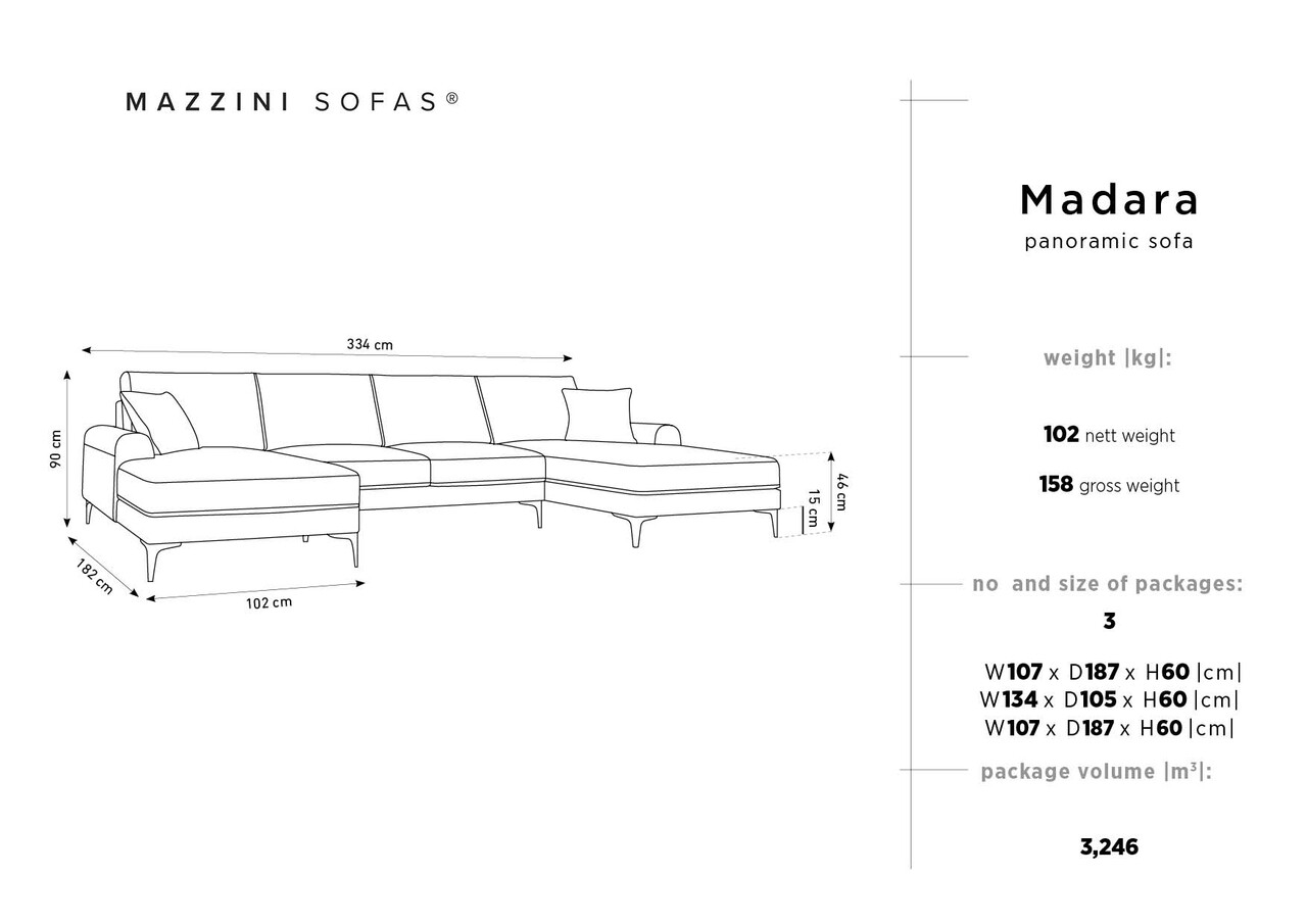 Coltar panoramic, Madara, Mazzini Sofas, 6 locuri, 334x182x90 cm, catifea, gri inchis