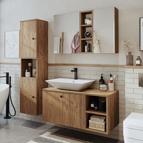 Set Dulap de Baie cu Chiuvetă și Oglindă (3 Piese), Hanah Home, 2487, MDF, Maro