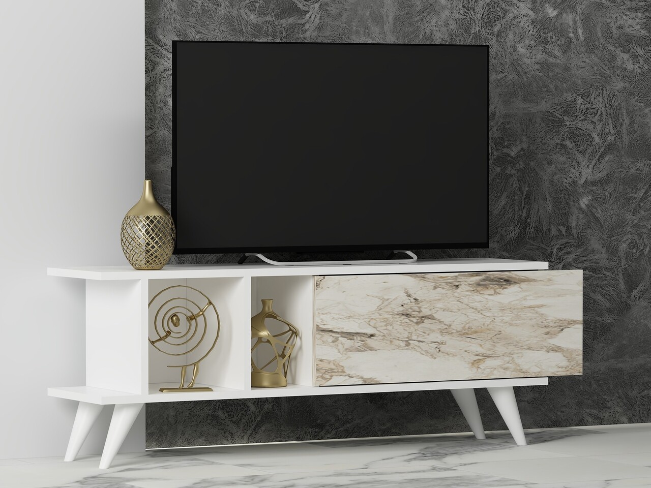 Comoda TV, Odessa, Liberty, 120x30x45 cm, PAL, Alb / Marmură - 1 | YEO